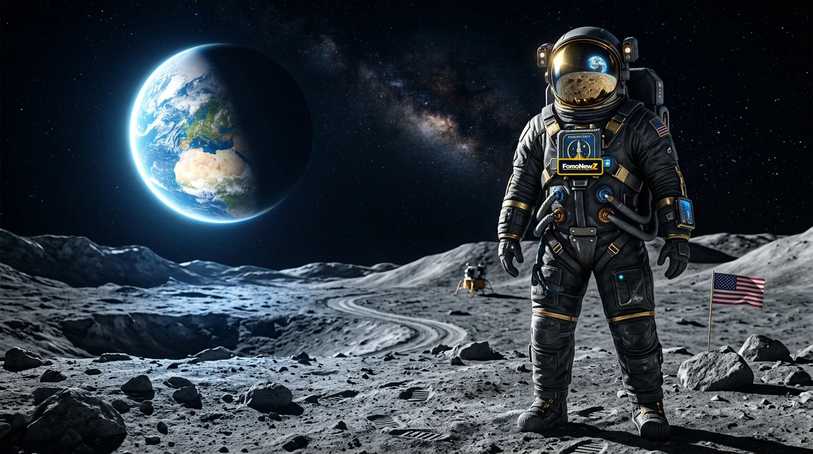 Heroic astronaut in obsidian spacesuit with FomoNewZ mission badge standing on lunar surface overlooking Earth