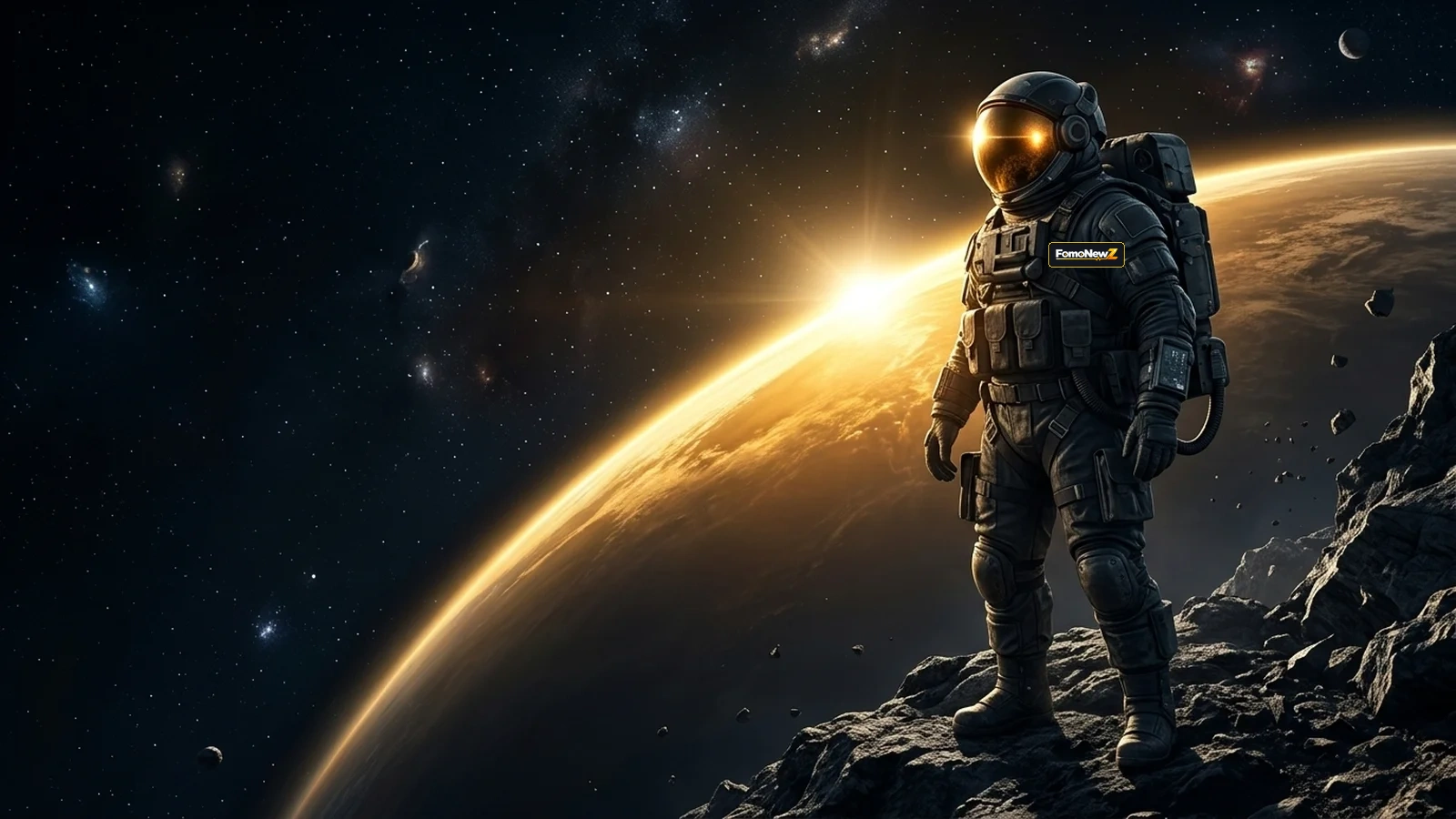 Astronaut in spacesuit standing on asteroid overlooking radiant planetary dawn