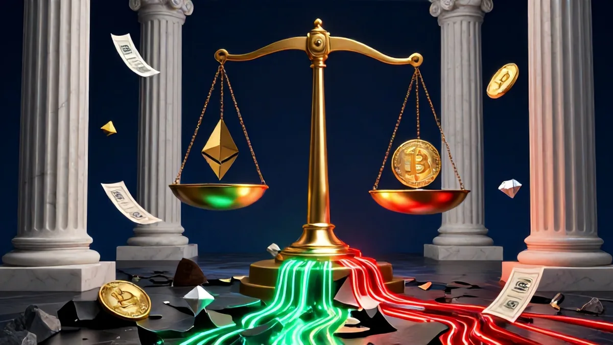 3D editorial rendering of massive neoclassical marble pillars cracking under the pressure of soaring bond yield meters and fiscal debt weight
