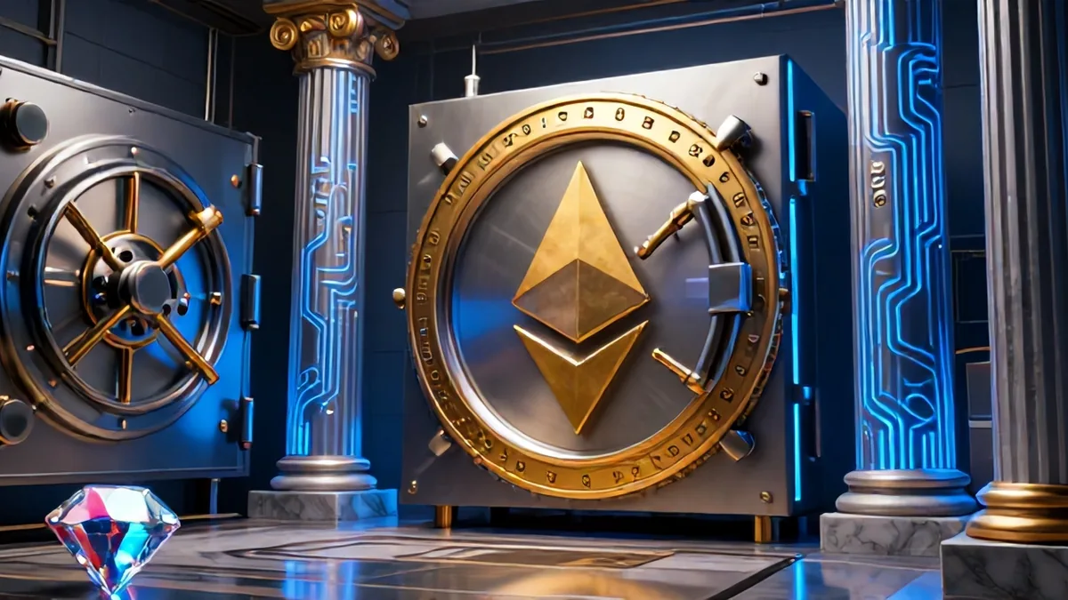 A hyper-detailed 3D editorial illustration of glowing digital asset reserve blocks freezing in a dark vault under dramatic blue and red studio lighting