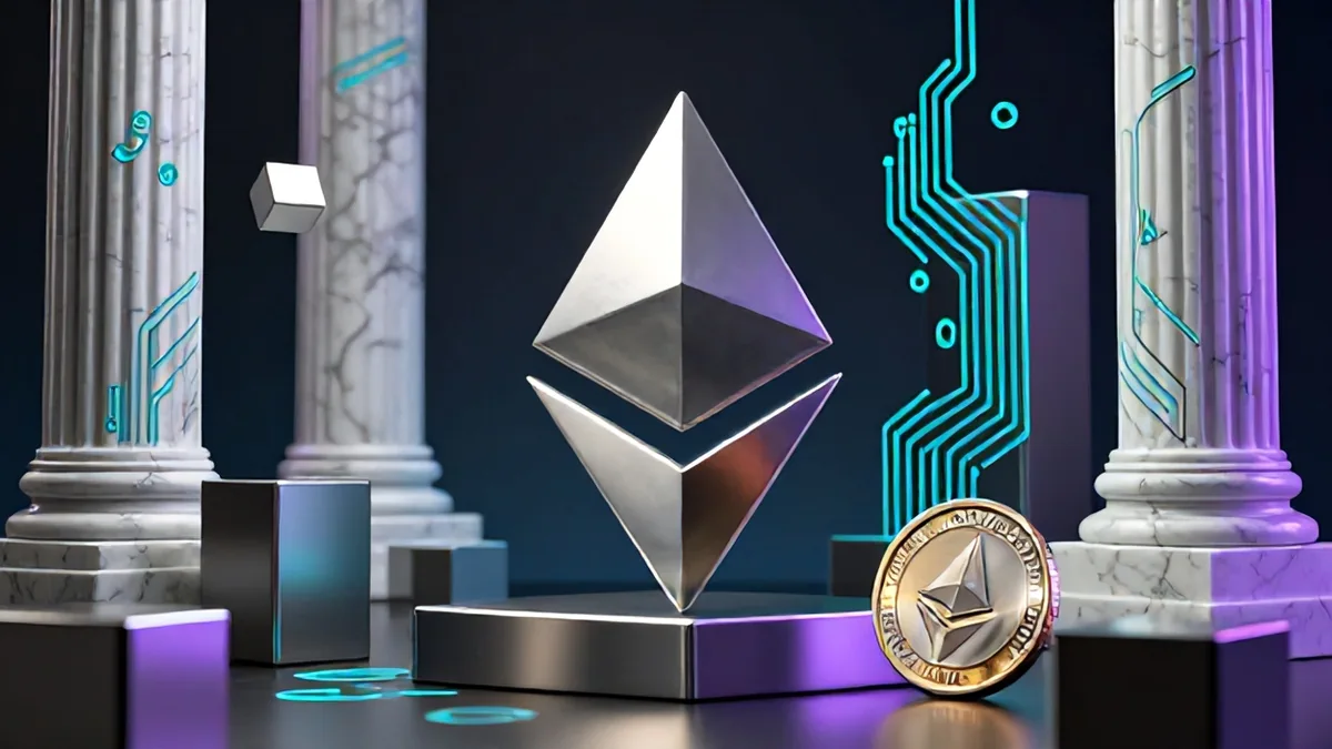 Cinematic editorial illustration of a gleaming matte titanium pillar etched with cryptographic circuits alongside neoclassical marble blocks under dramatic volumetric studio lighting.
