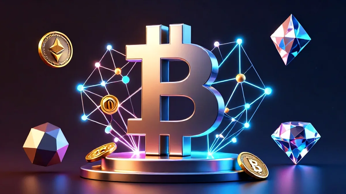 A sophisticated digital rendering showing glowing neural network nodes overlaying a tangible titanium Bitcoin pillar amidst dramatic studio lighting.