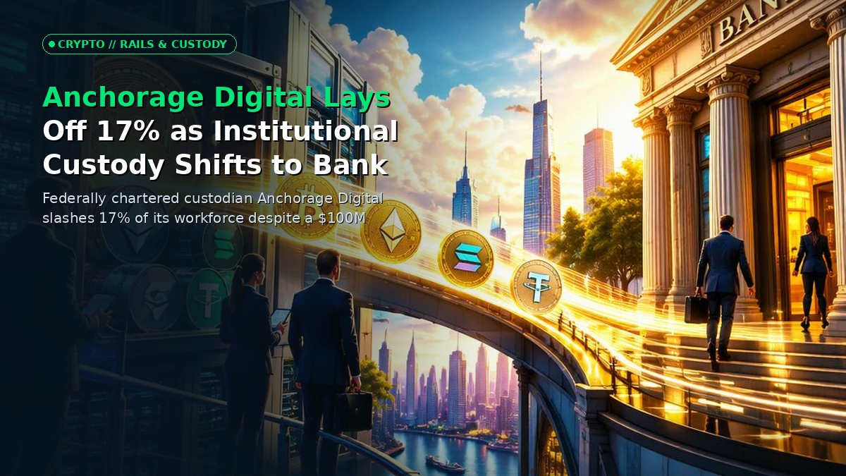 3D editorial illustration of a grand digital banking vault transitioning assets away from a glowing crypto-native custody server toward legacy institutional bank architecture.