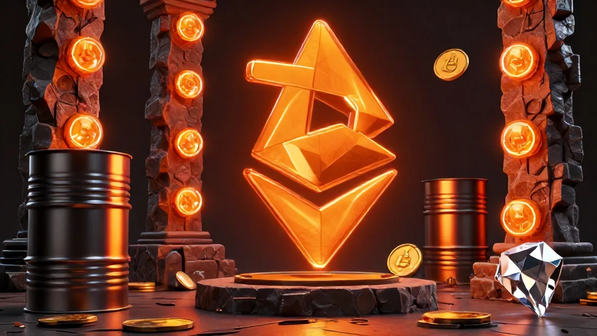 Editorial 3D concept art of towering oil refinery structures blending with glowing Bitcoin cryptographic circuits under dramatic studio lighting