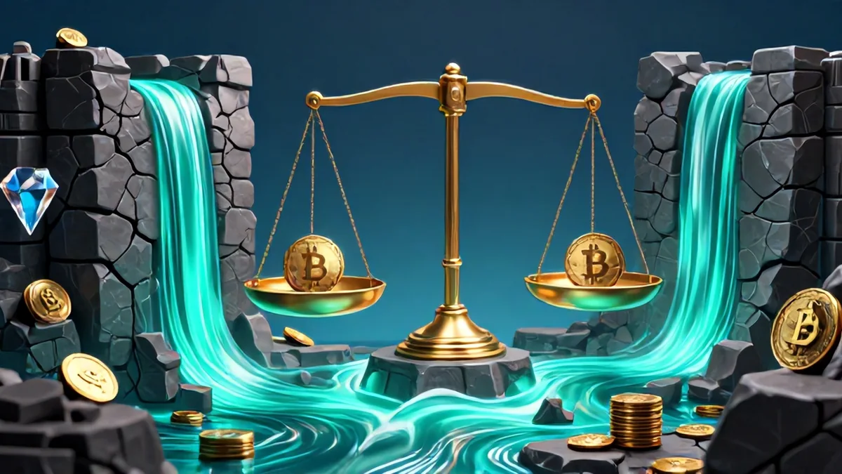 A dynamic digital art representation showing a glowing decentralized finance network routing capital away from a cracked centralized fortress into liquid turquoise pools.