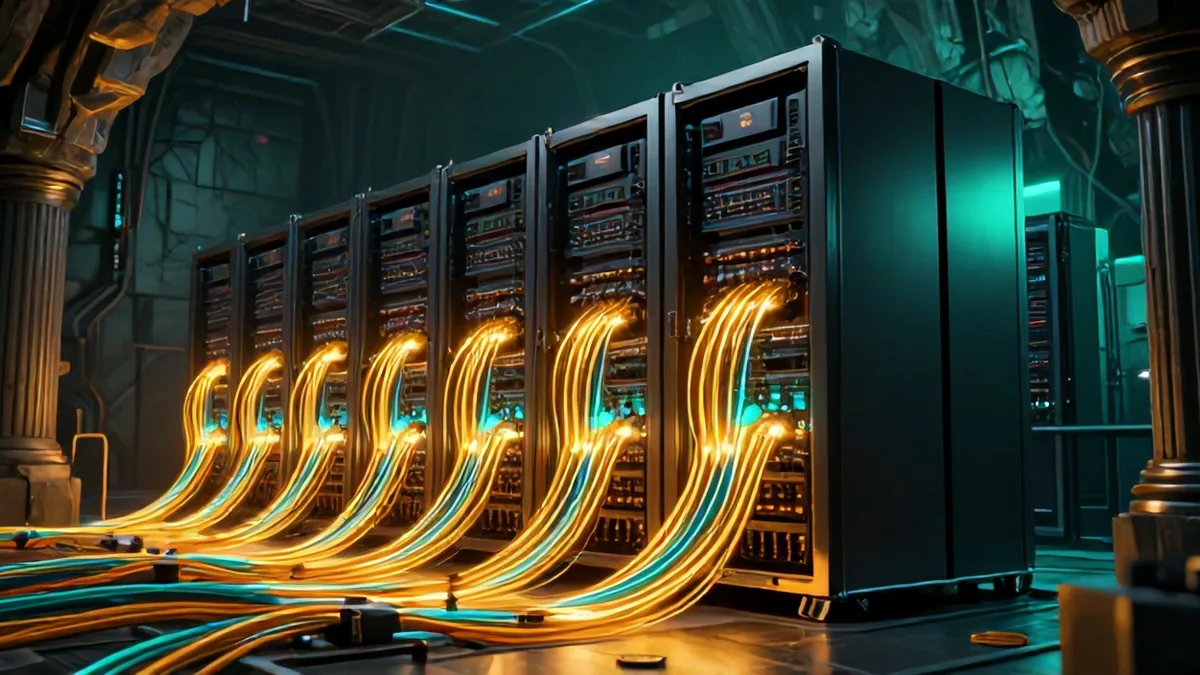 Decommissioned crypto mining server rack disconnecting from data center networks amid a miner migration