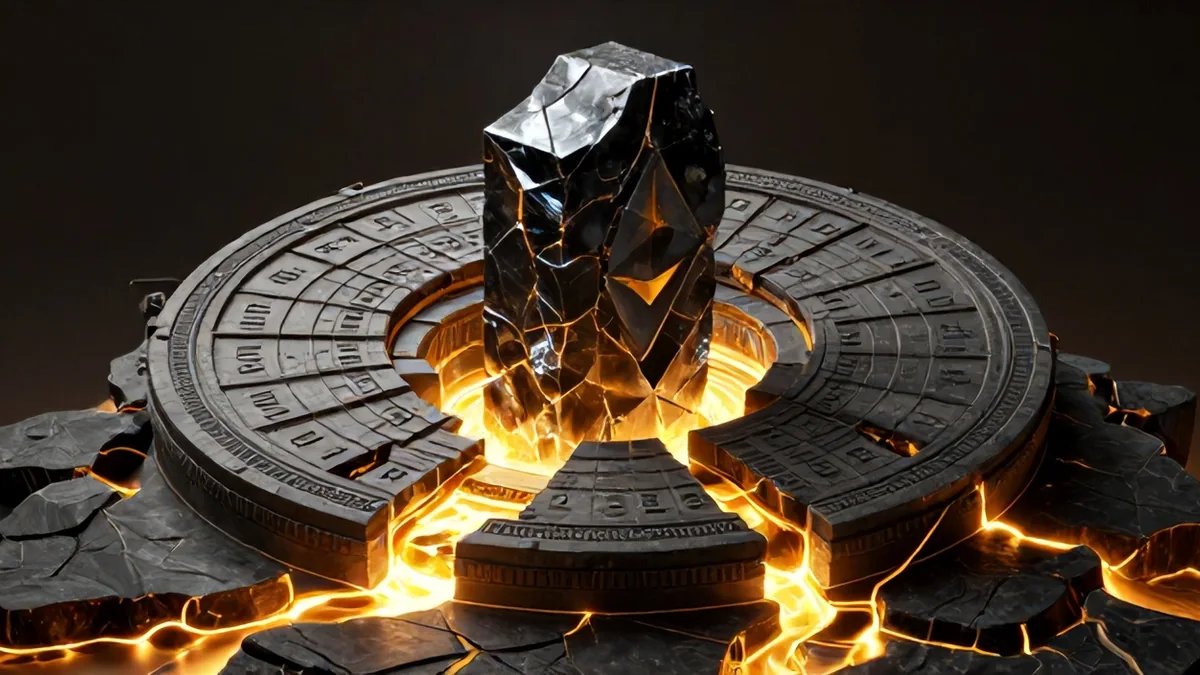 3D editorial visual of a polished gold Bitcoin monolith breaking through an ancient stone calendar wheel on a basalt foundation