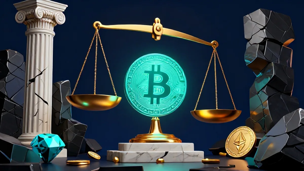 3D editorial illustration of a heavy brass Treasury bond weight cracking a glowing Bitcoin medallion over an obsidian pedestal