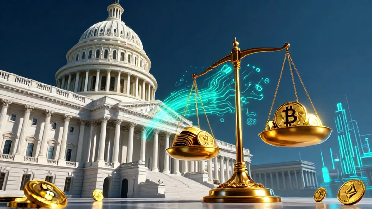 Editorial 3D concept art of Capitol Hill neoclassical marble columns flanking a split digital balance scale tipping institutional Bitcoin capital toward overseas hubs.