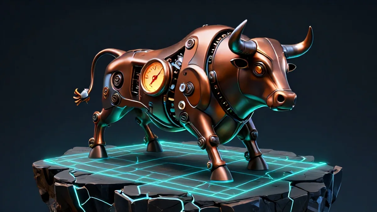 3D editorial render of a mechanical bronze bull with a fracturing pressure gauge dropping to sixty above glowing digital support levels