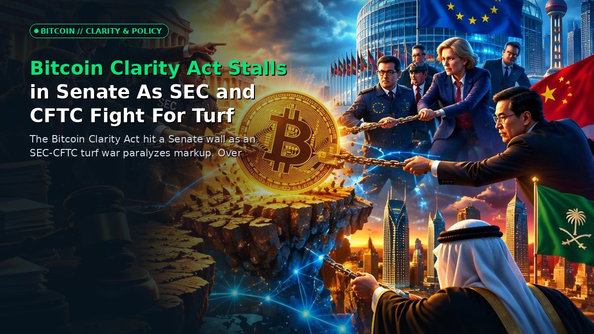 A massive legislative document held between clashing scales labeled SEC and CFTC with a glowing Bitcoin token trapped in the middle