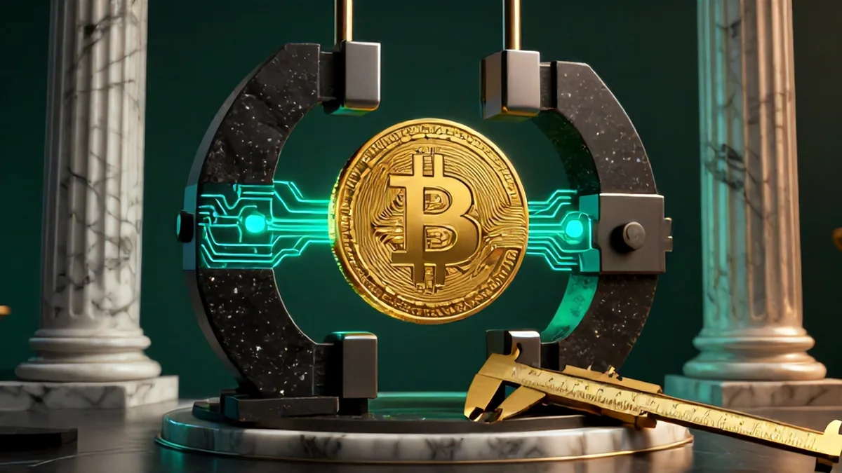 3D editorial visualization of a glowing gold Bitcoin token suspended in high tension between descending obsidian pillars and radiant institutional support beams