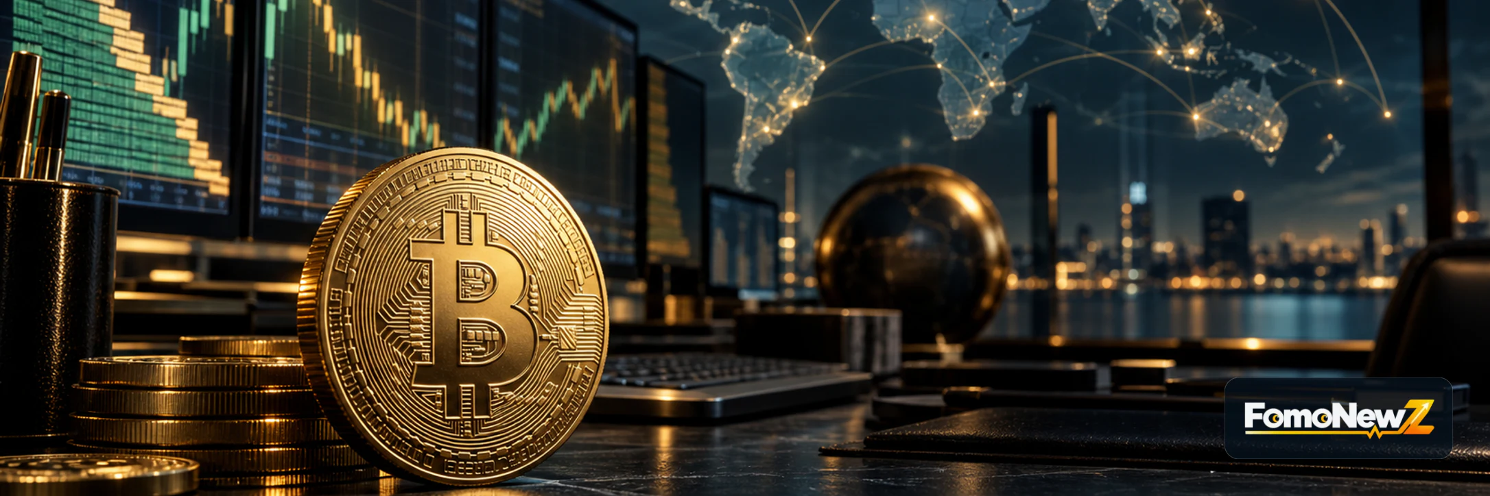 High-contrast monochrome illustration of Bitcoin intelligence wire featuring tactile monolithic silhouette backed by bold print-yellow disk