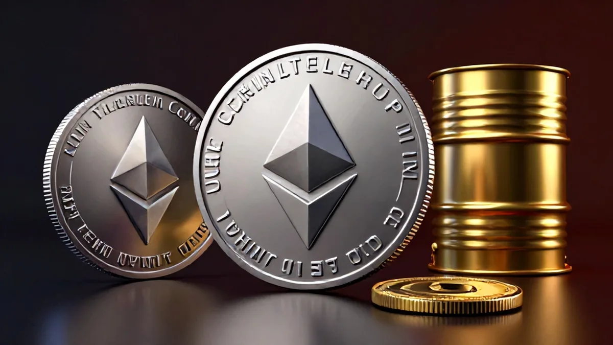Cinematic 3D editorial illustration showing a polished bitcoin token balanced against shifting brass oil barrels under dramatic studio lighting.