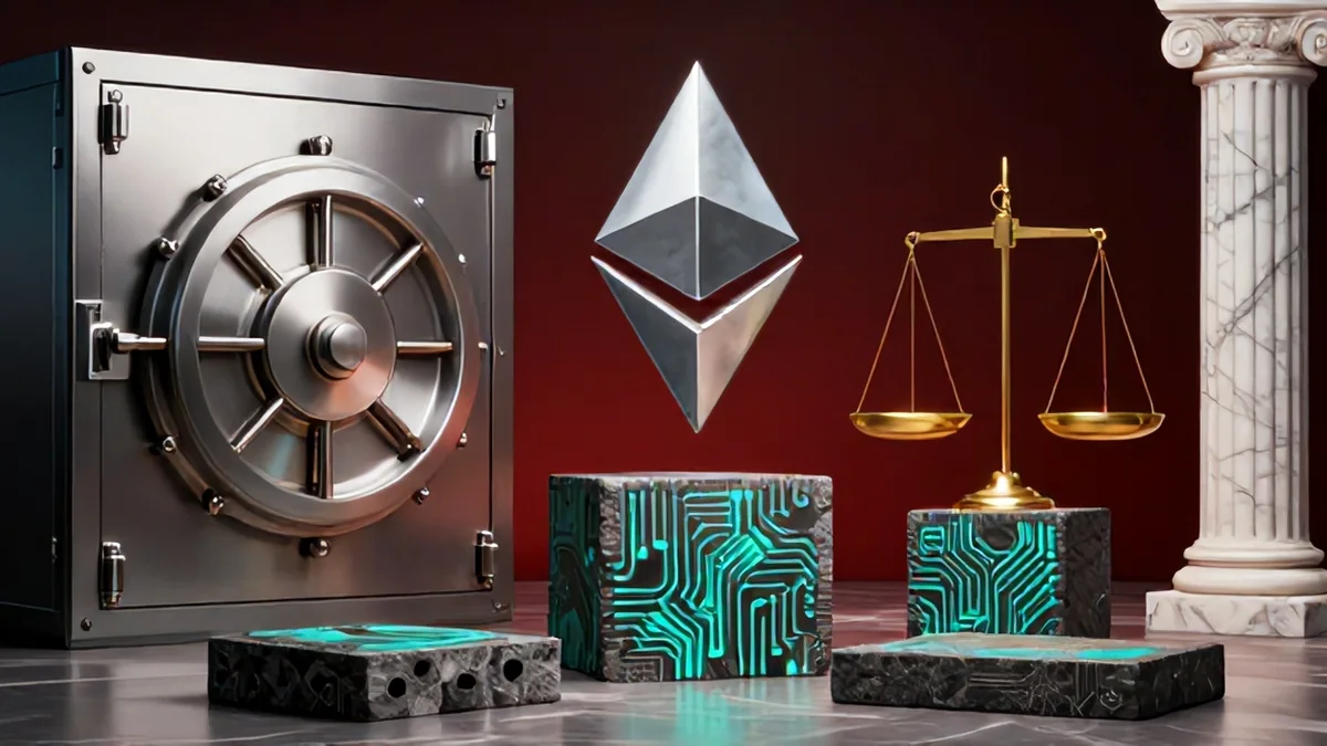 A massive digital vault holding golden bitcoin tokens under intense federal investigation and harsh studio spotlight