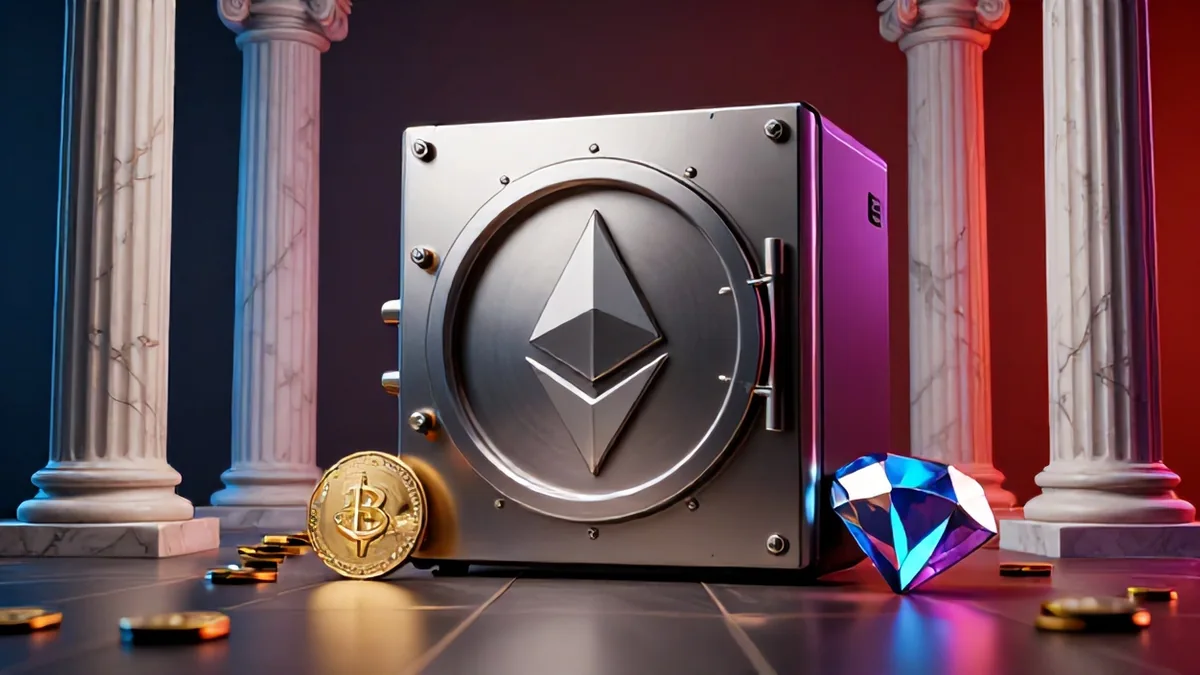 3D editorial illustration of Bitcoin vaults under stress with dramatic lighting and metallic architectural elements