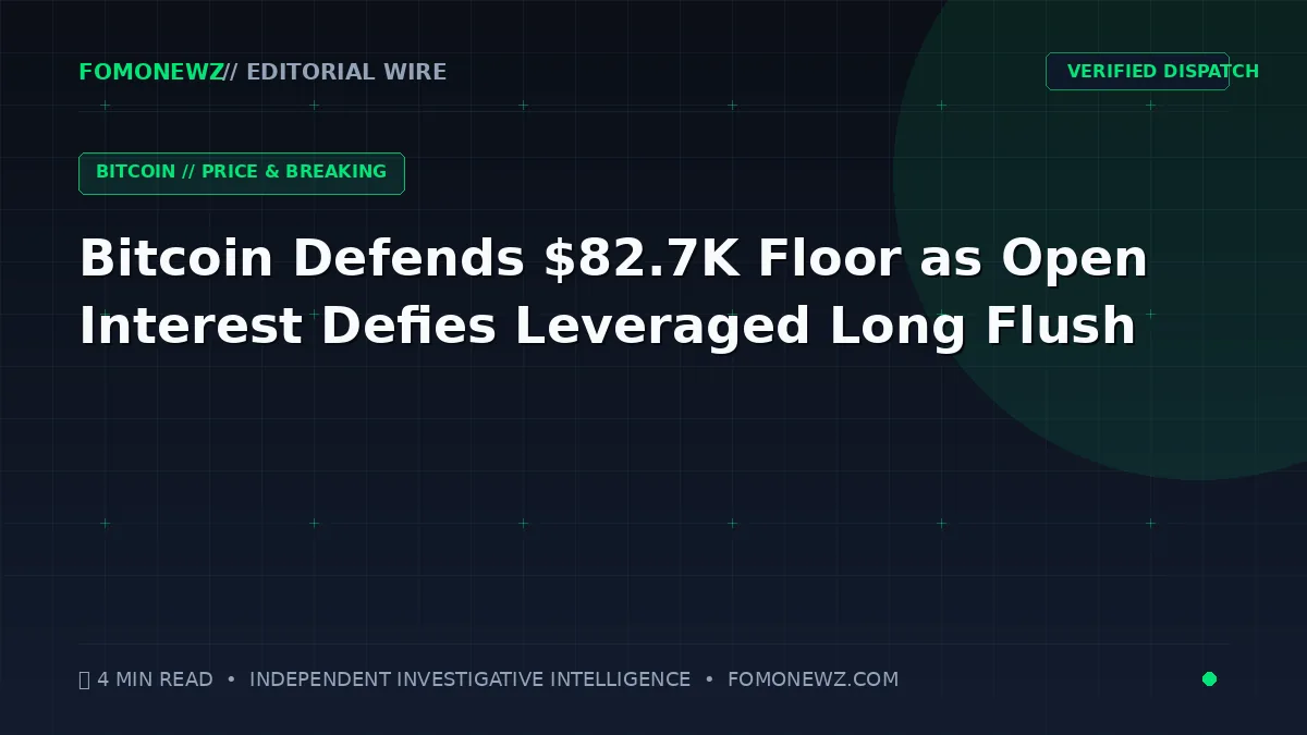 3D financial data visualization showing a resilient Bitcoin price floor at 82,734 dollars against market volatility