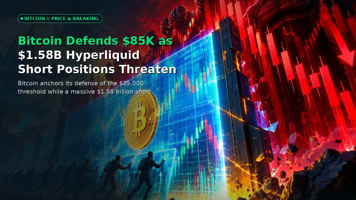 A massive digital wall representing the $85,000 Bitcoin price level under pressure from red short position charts