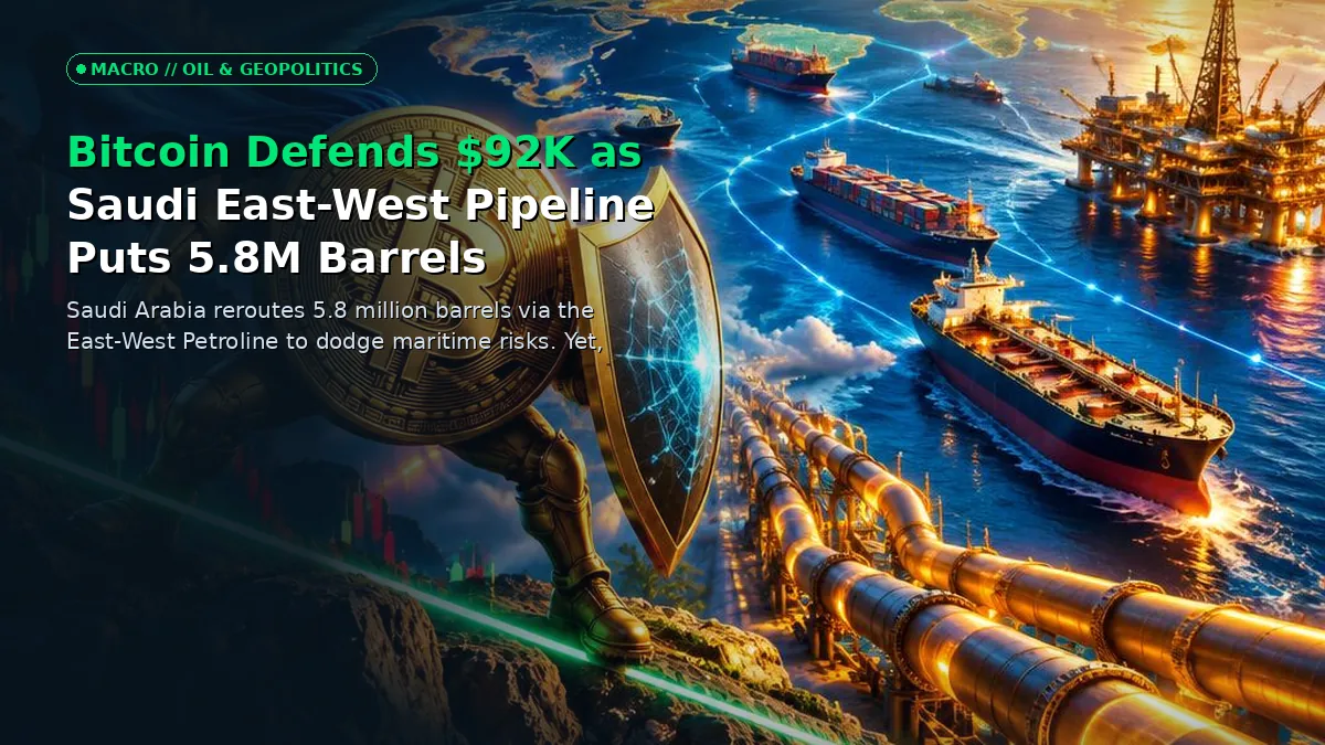 Cinematic 3D financial illustration showing a glowing Bitcoin symbol holding firm above $92,000 against a backdrop of crude oil pipelines and Red Sea shipping lanes.