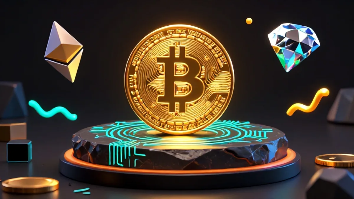 Editorial illustration of Bitcoin currency symbol embedded in a glowing quantum computing matrix with dramatic dark blue and amber lighting.
