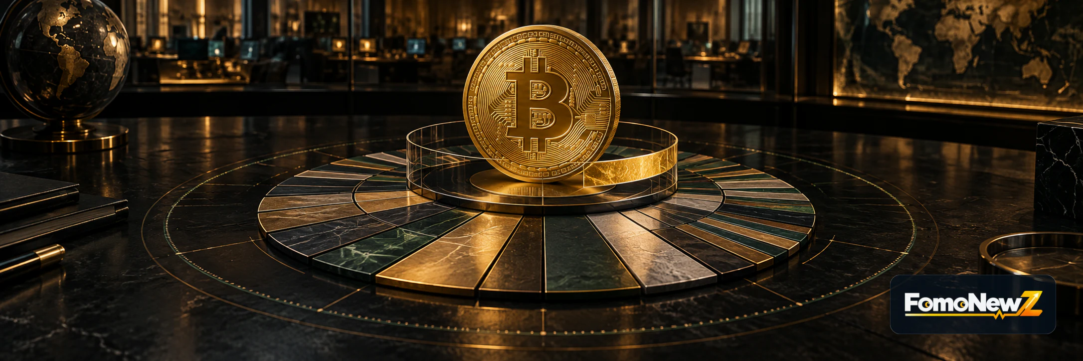 A gold Bitcoin disc at the centre of a segmented global crypto market map