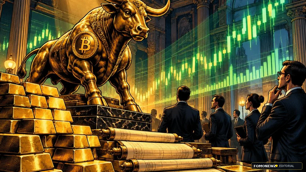 CoinTelegraph-style comic editorial illustration showing golden Bitcoin bull, bullion bars, and fund managers tracking ETF surge