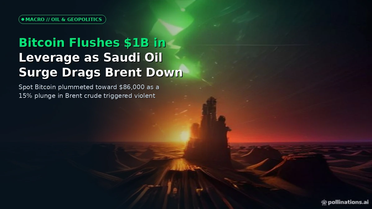 A 3D financial illustration showing a falling Bitcoin chart overlaid with crude oil barrels and declining energy supply curves against a dark background.