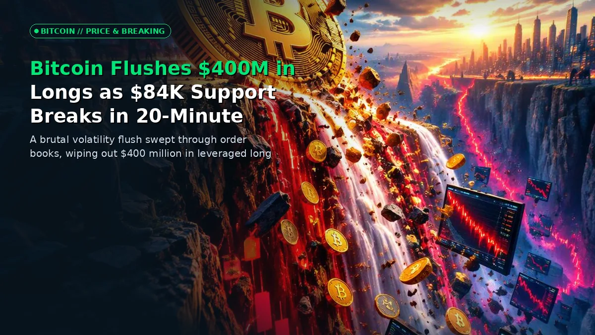 A dramatic 3D visualization of a Bitcoin liquidation waterfall breaking through critical $84,000 support levels with red derivatives charts