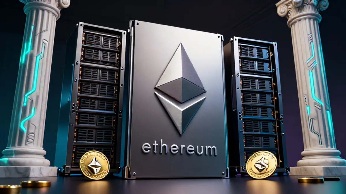 A towering high-performance server rack bathed in dramatic blue and amber light, transitioning into gleaming digital gold Bitcoin architecture.