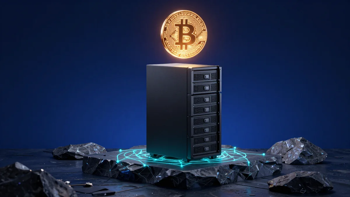 3D isometric model of an illuminated Bitcoin sovereign node encased in a reinforced basalt pedestal with holographic diagnostic overlays