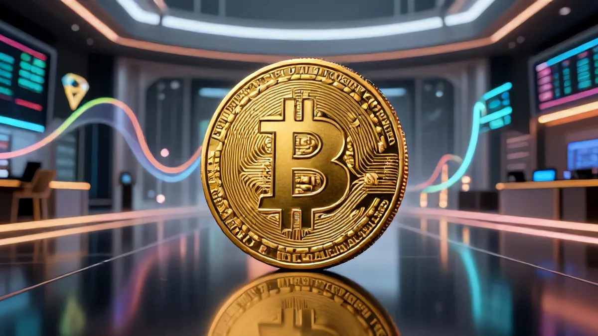 Editorial 3D illustration of an imposing obsidian whale silhouette fracturing a glowing neon-lit glass platform displaying Bitcoin price metrics