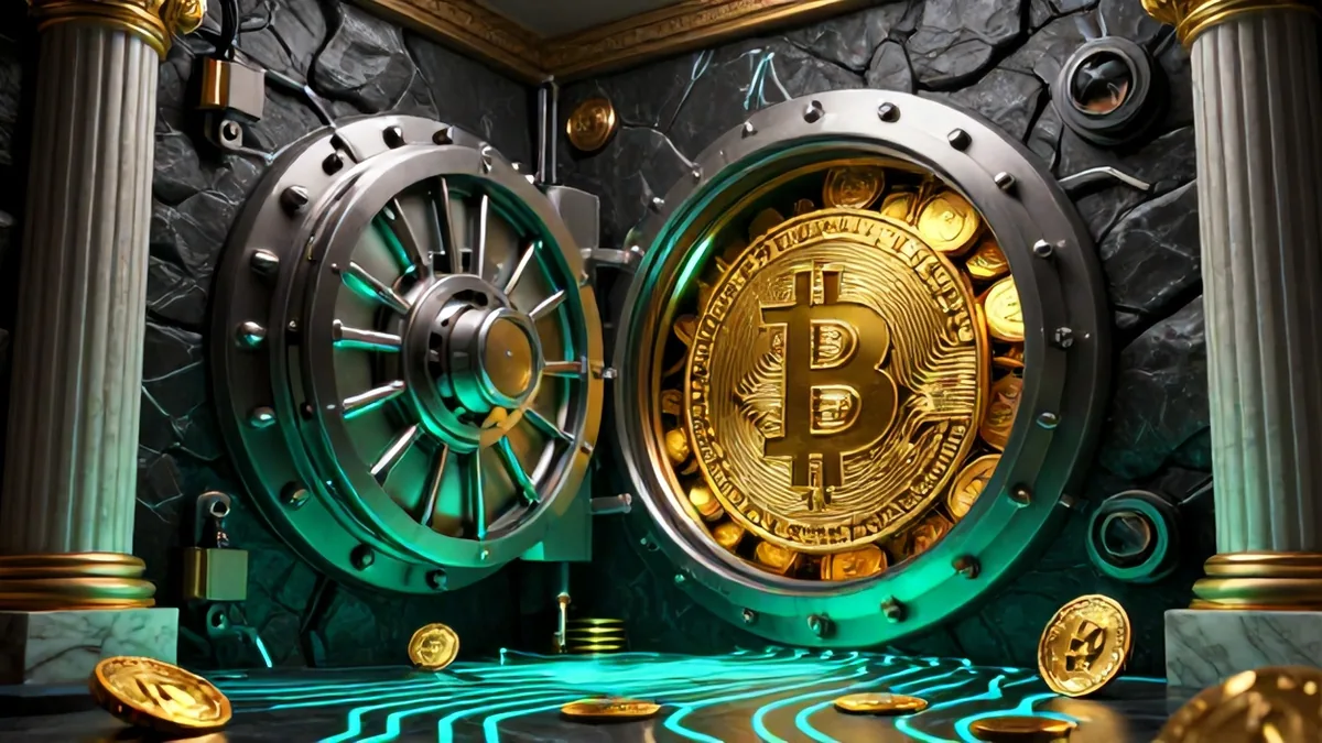 3D editorial illustration of a massive cryptographic subterranean vault locking away glowing physical gold Bitcoin tokens into basalt security pillars