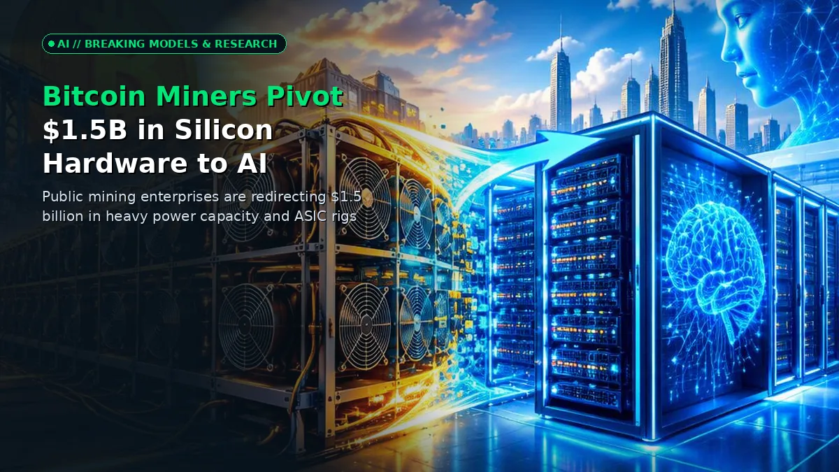 Industrial bitcoin mining rigs being re-engineered into high-density artificial intelligence server clusters with glowing data lines
