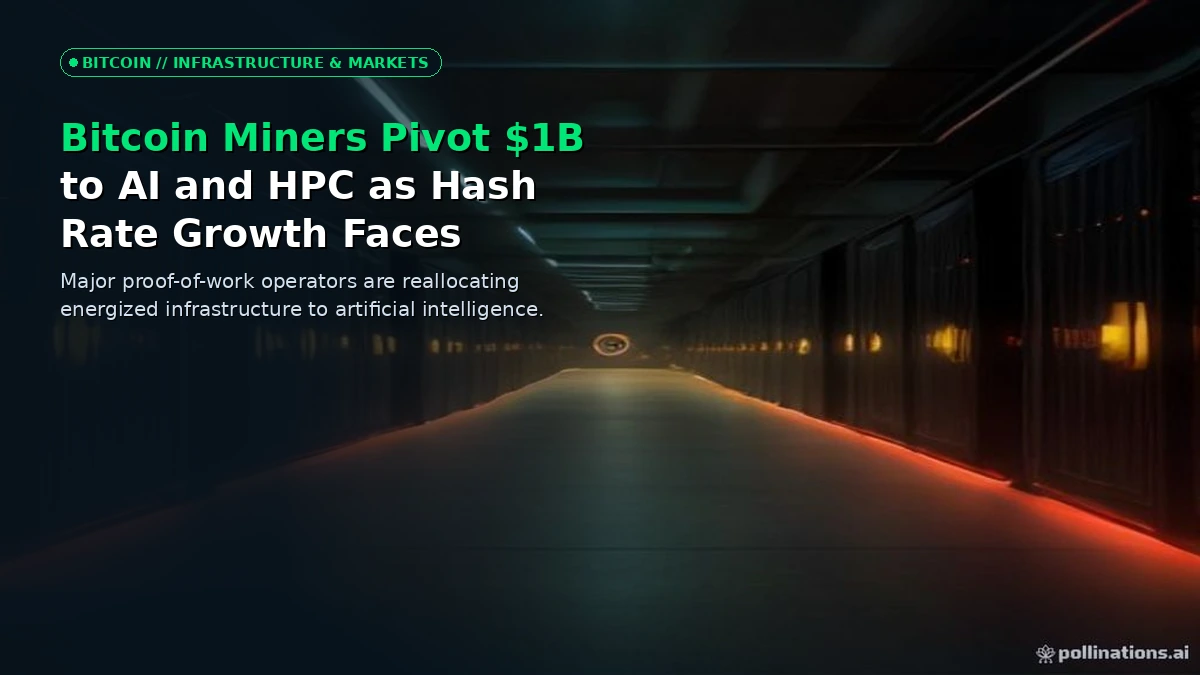 Editorial illustration depicting a massive server rack and high-performance computing data center transitioning into Bitcoin mining operations with glowing neon conduits.