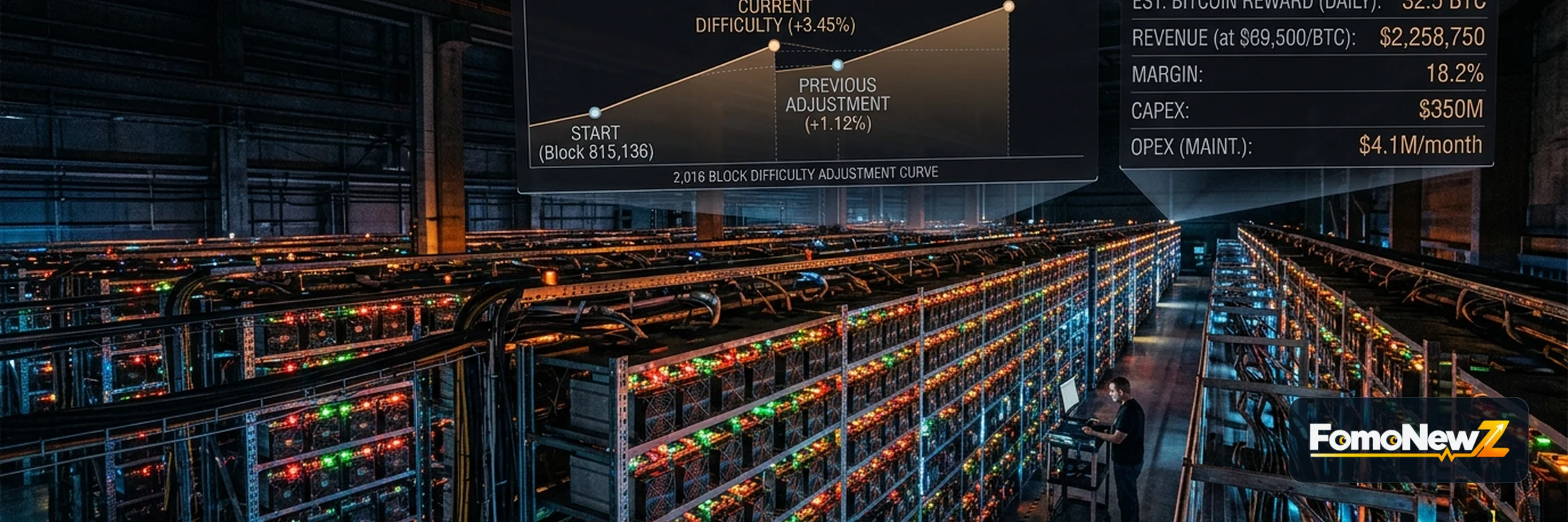Industrial Bitcoin mining facility with glowing ASIC server racks, difficulty adjustment curve, and exahash energy telemetry
