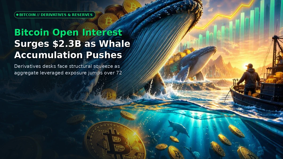 3D visualization of Bitcoin market dominance surging with glowing liquidity flows and rising derivatives open interest graphs