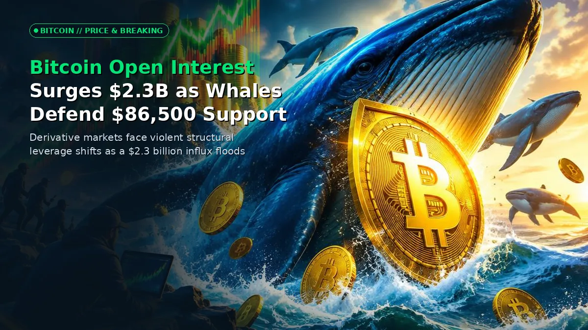 3D financial illustration of surging Bitcoin derivatives open interest and whale support at the 86500 dollar level