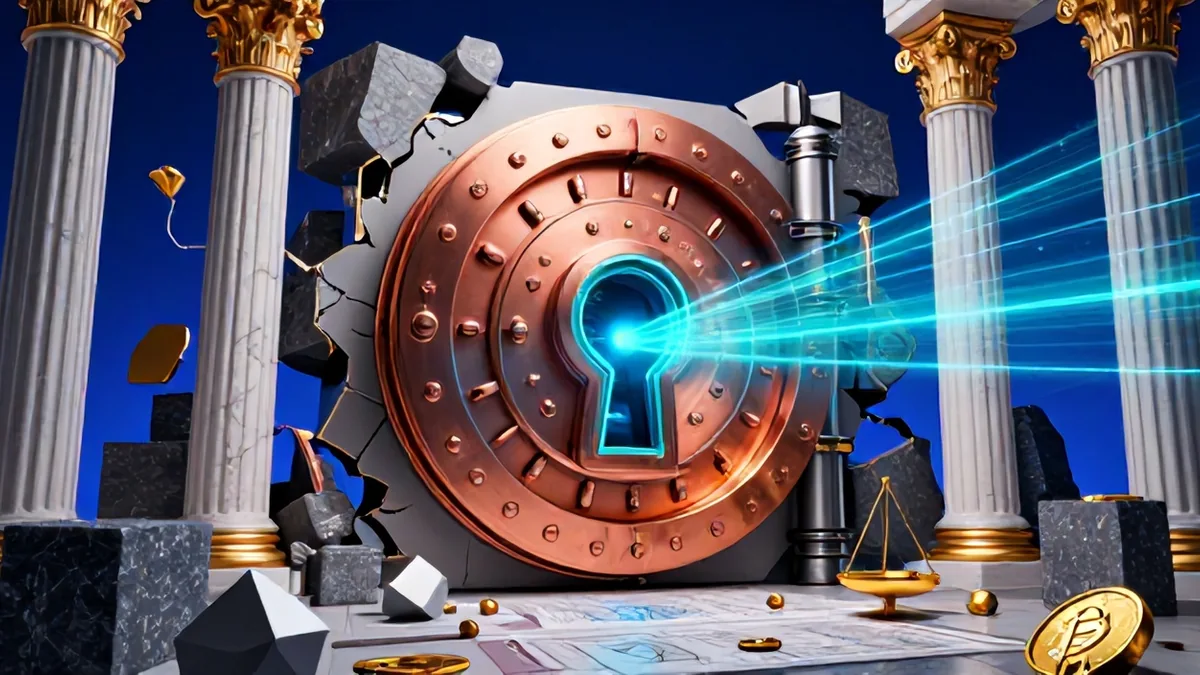 3D editorial visualization of a cryptographic Bitcoin vault confronted by photonic quantum computing laser grids and expanding on-chain ledger blocks.