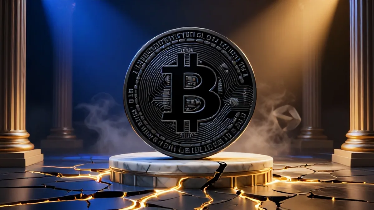 A monolithic glowing Bitcoin emblem forged from reinforced obsidian withstanding fractured golden fault lines on a marble trading floor