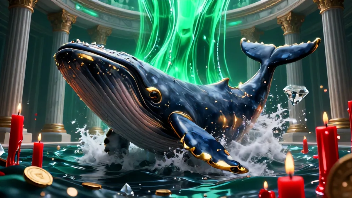 3D editorial illustration of a colossal obsidian whale breaching through fractured glass trading charts into glowing green liquidity pools.