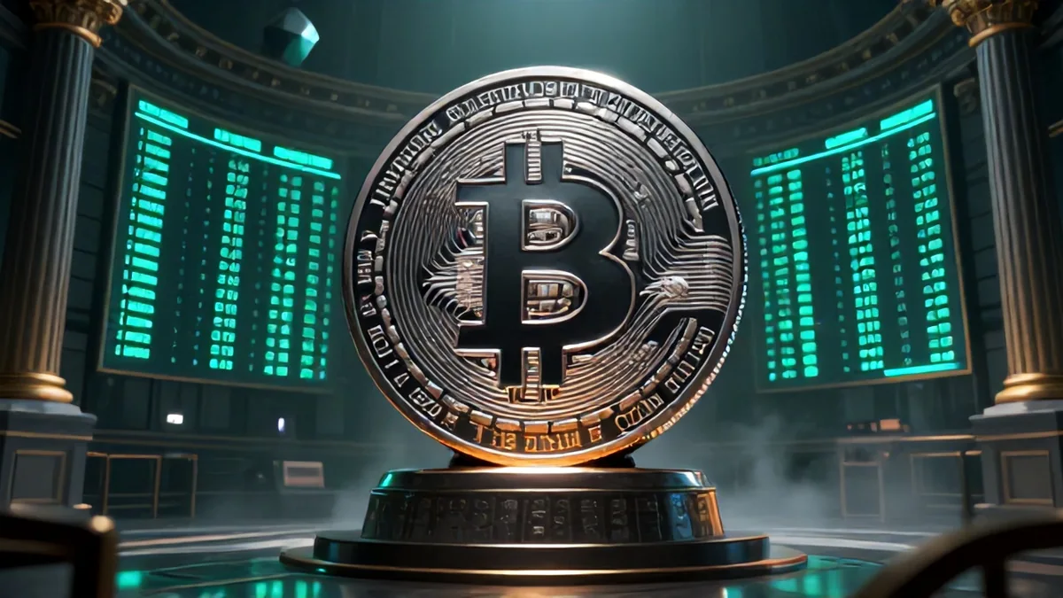 3D editorial illustration of a giant obsidian Bitcoin monument supported by fortified corporate vault pillars against downward financial chart lines