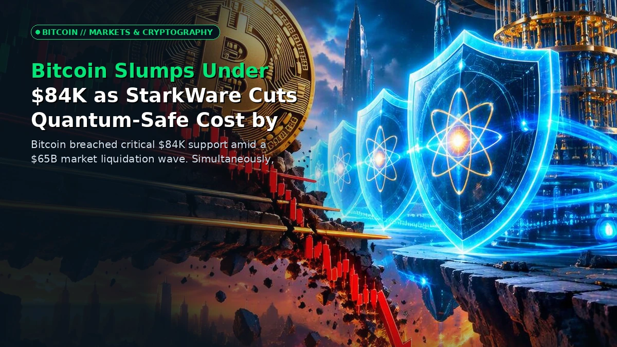 3D editorial illustration of Bitcoin dropping below 84000 alongside a cryptographic security grid