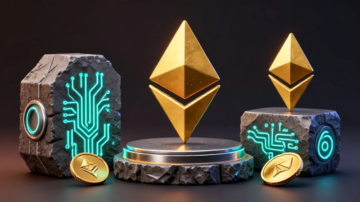 A massive golden Bitcoin resting on a cracked basalt altar illuminated by dramatic chiaroscuro studio lighting, symbolizing ancient on-chain whale activity.