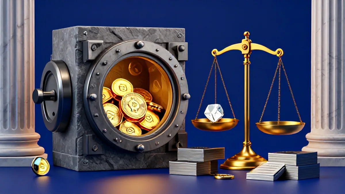 3D editorial illustration of a heavy brass institutional treasury vault scale balancing glowing orange Bitcoin ingots against sleek stock certificate documents