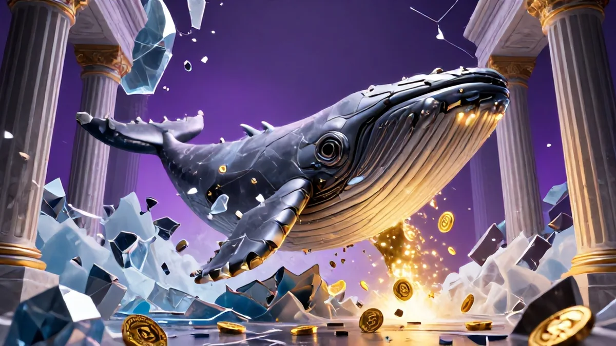 3D editorial illustration of a colossal obsidian whale emerging from cracked ice beside glowing neon Bitcoin tokens near an $84,000 market barrier