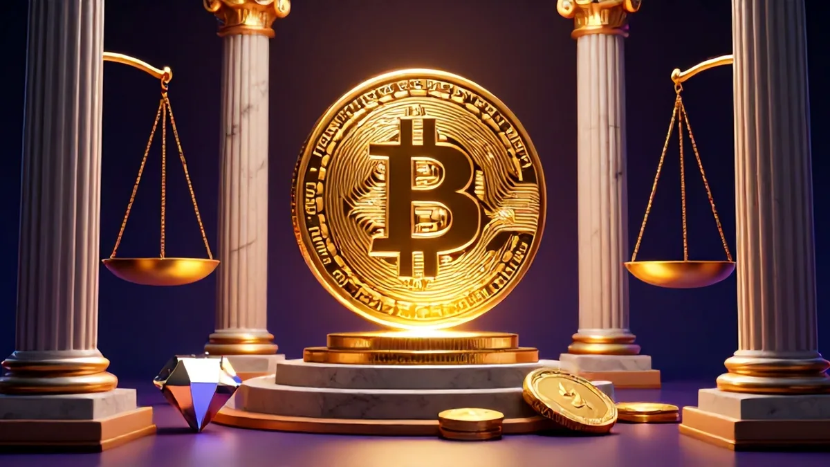 Glowing golden Bitcoin token surging upward past massive dark basalt columns representing resistance levels, illuminated by dramatic studio lighting.