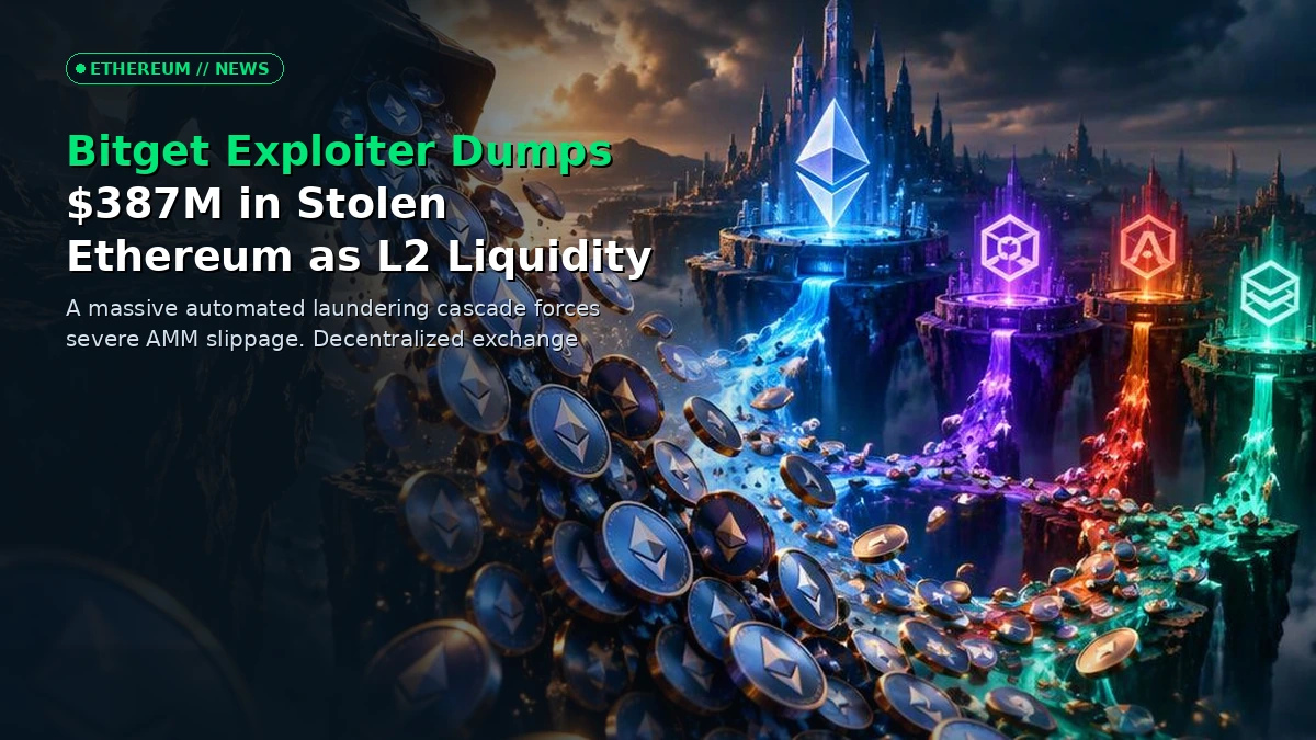 Abstract visualization of Ethereum liquidity fracturing across decentralized layer-2 rollups during a major exchange security exploit.