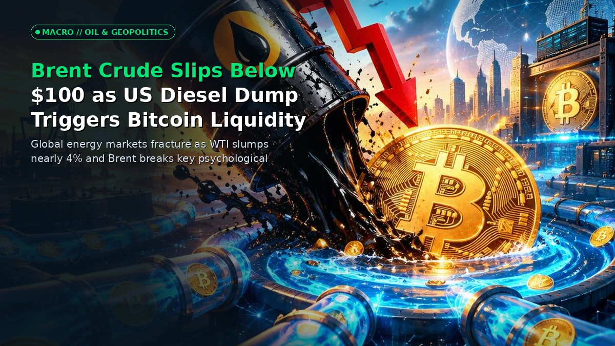 A 3D financial illustration showing a falling crude oil price chart intersecting with glowing Bitcoin tokens against a volatile global energy map backdrop.