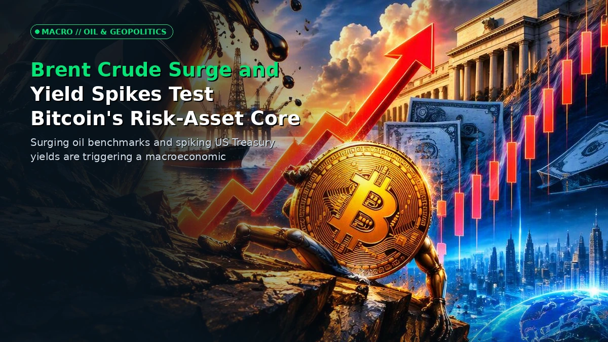 Abstract 3D fintech illustration of Brent crude oil barrels merging with fluctuating Treasury yield charts and Bitcoin tokens under dramatic lighting.