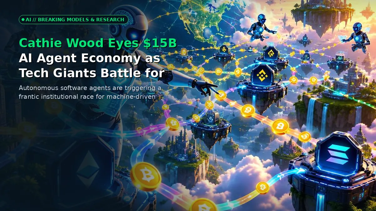 Futuristic digital infrastructure showing autonomous AI agents routing financial micropayments across decentralized networks